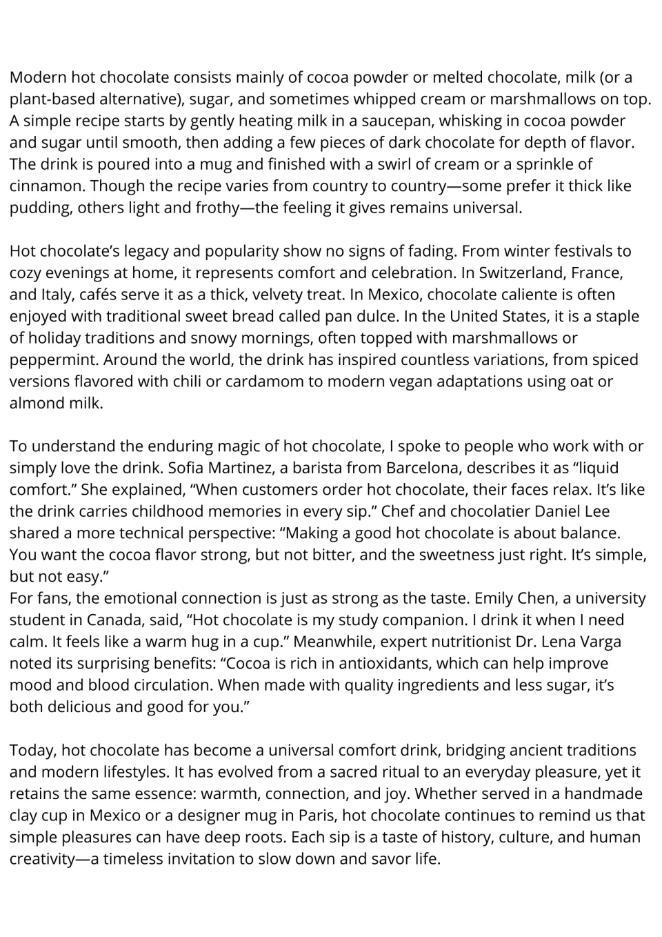 ESL reading passage, part 2: hot chocolate ingredients, preparation, global variations, and personal views.