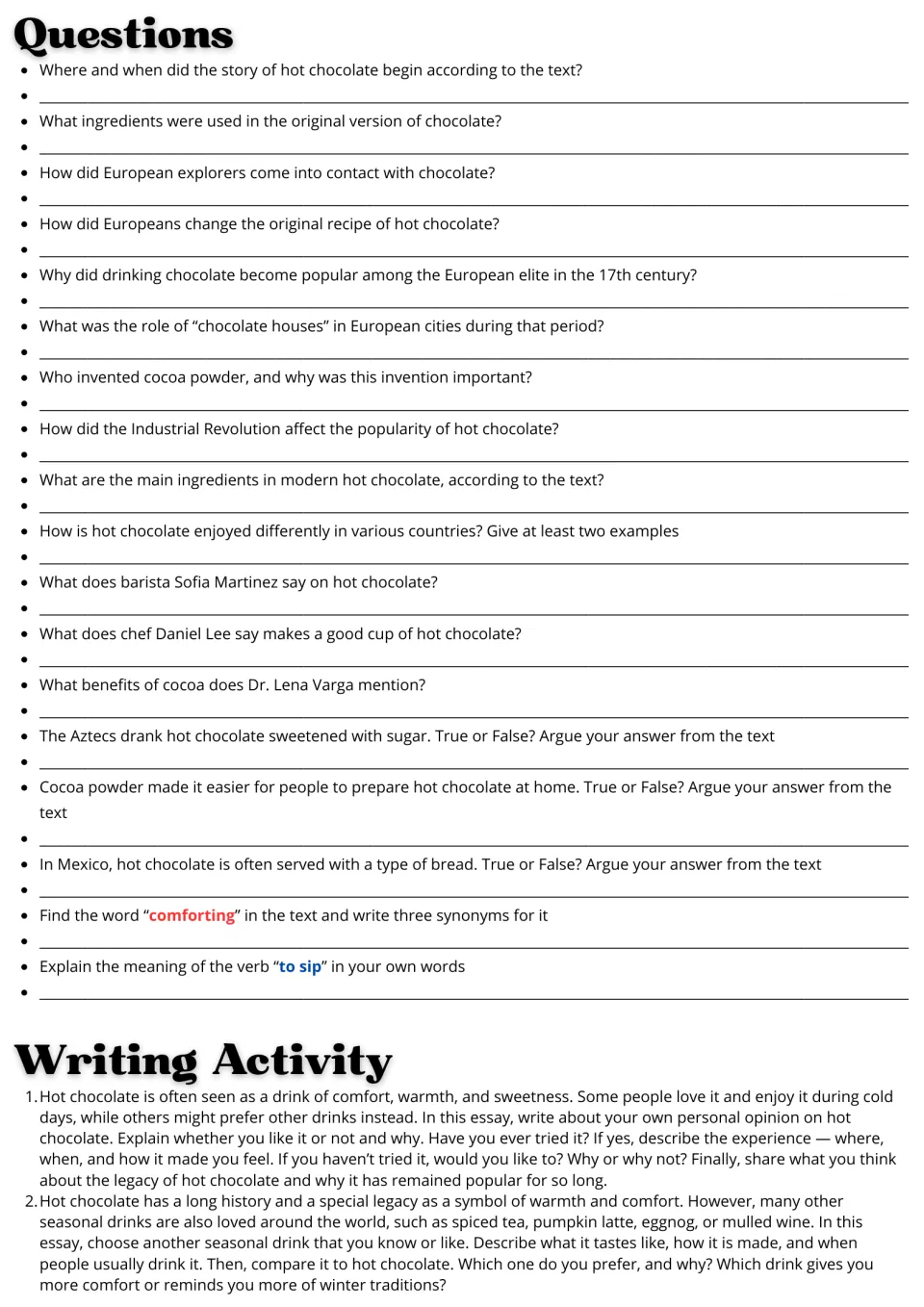 Hot chocolate follow-up: 18 comprehension and vocabulary questions plus two essay prompts about drinks.