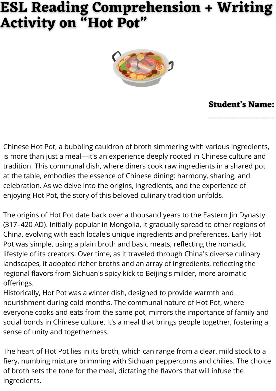 Hot pot reading passage, part 1: Chinese dining traditions, origins, regional changes, and broth varieties.