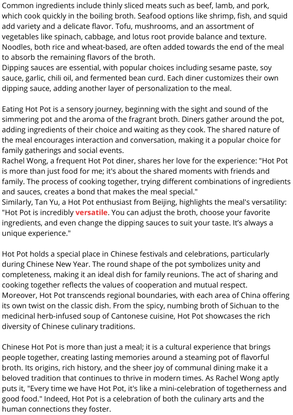 Hot pot reading passage, part 2: ingredients, dipping sauces, shared dining, and Chinese celebrations.