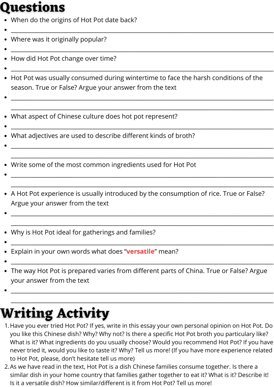 Hot pot follow-up: 11 reading questions and two essay prompts on personal opinions and a similar home dish.
