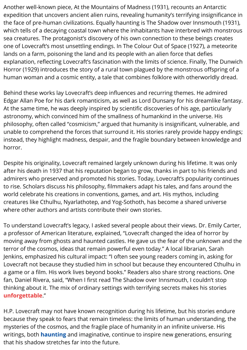 Lovecraft passage continued: his major stories, cosmicism, fame after his 1937 death and quotes on his legacy