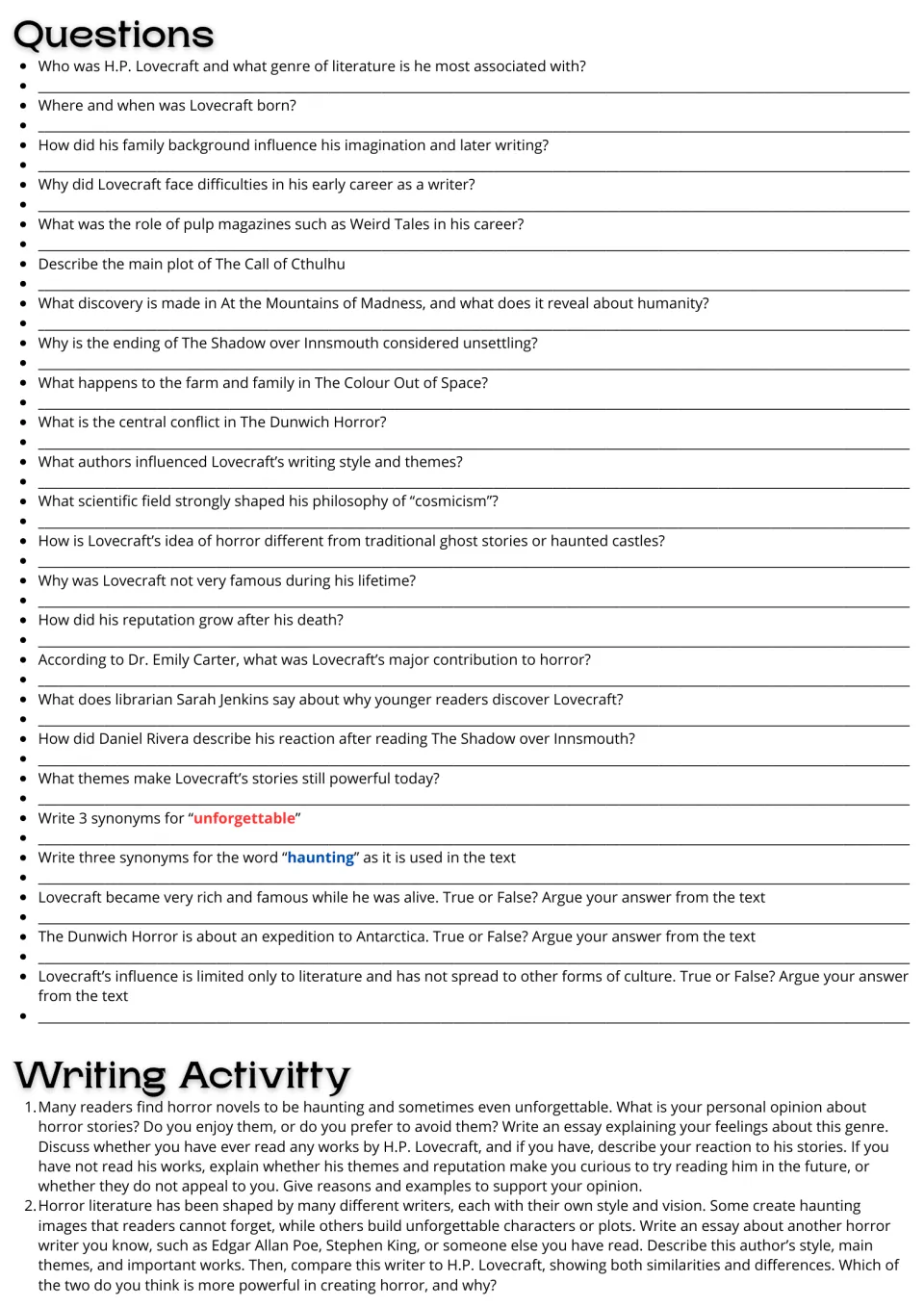 Lovecraft questions: 24 comprehension, synonym and true-or-false items, two horror opinion and author-comparison essays