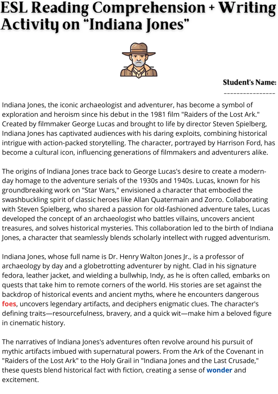 Indiana Jones reading passage, part 1: students read about the hero's origins and quests, with foes and wonder highlighted