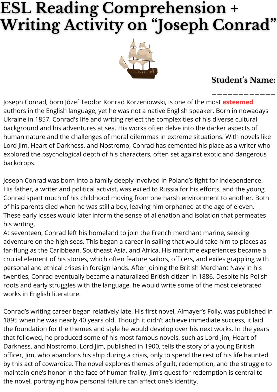 ESL reading passage opening: Joseph Conrad's childhood, sailing career, first novel, and Lord Jim.