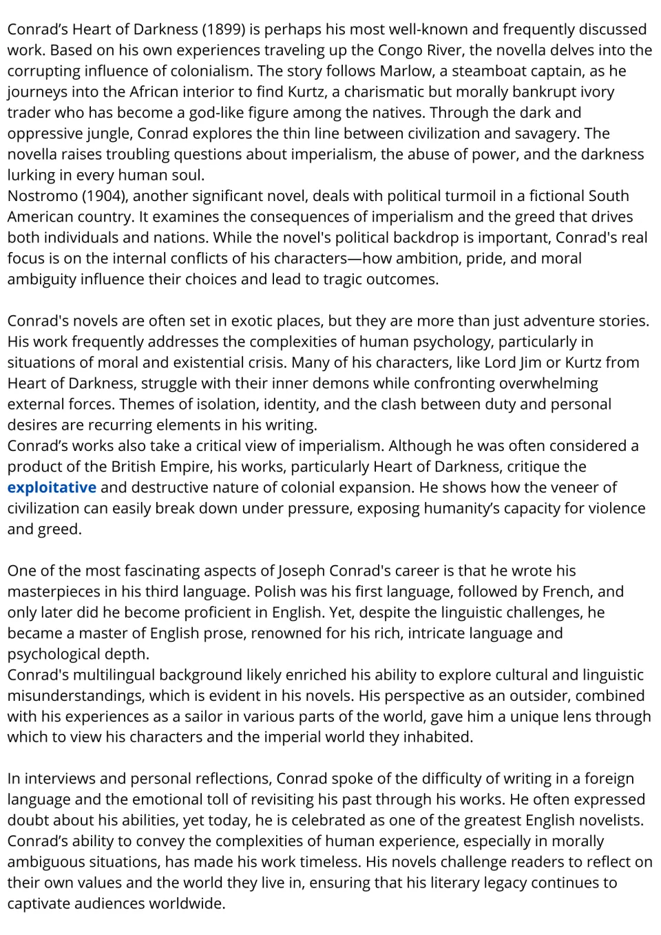Reading passage continuation: Heart of Darkness, Nostromo, imperialism, and Conrad's multilingual writing.