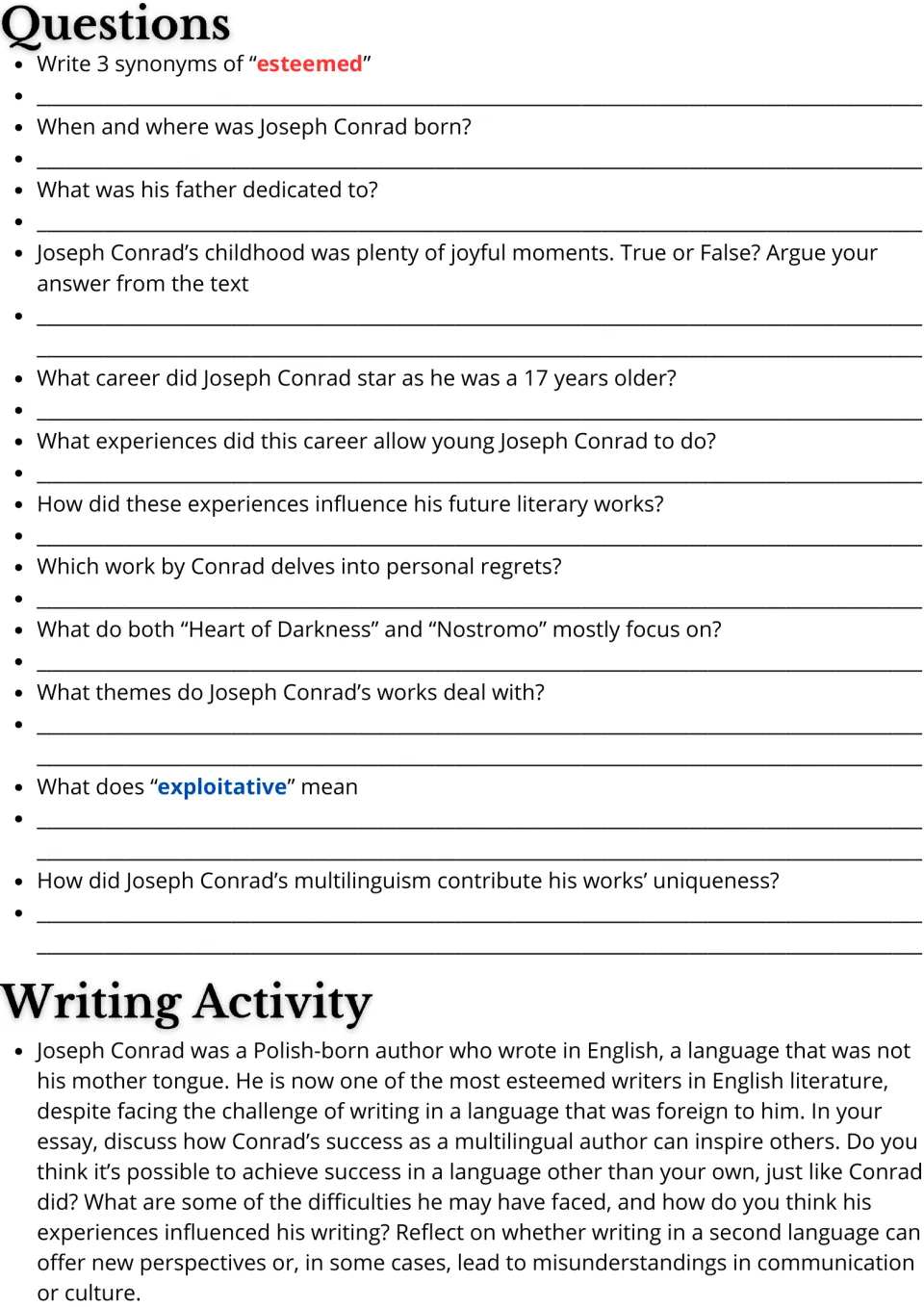 Conrad passage follow-up: 12 comprehension and vocabulary questions and an essay on writing in another language.