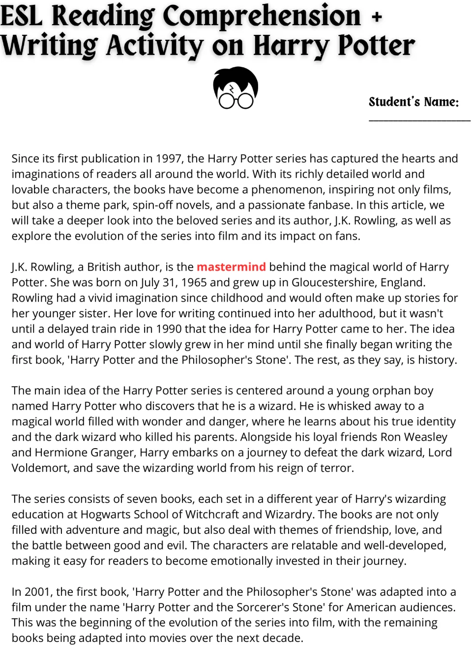 Harry Potter article, part 1: students read about J.K. Rowling, the series' main idea, its seven books and first film