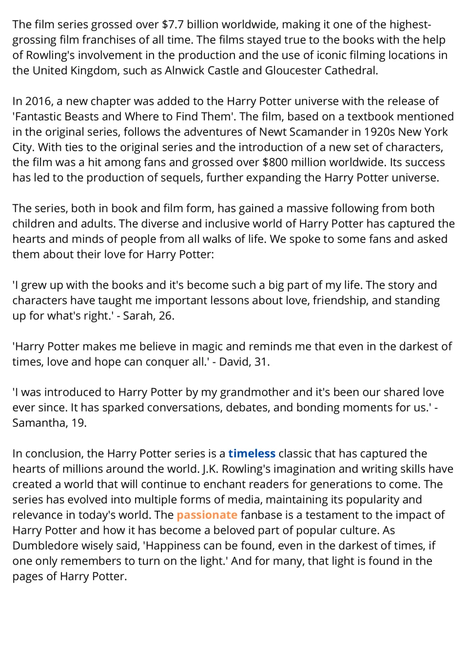 Harry Potter article, part 2: film earnings, Fantastic Beasts, fan quotes and a conclusion using 'timeless' and 'passionate'