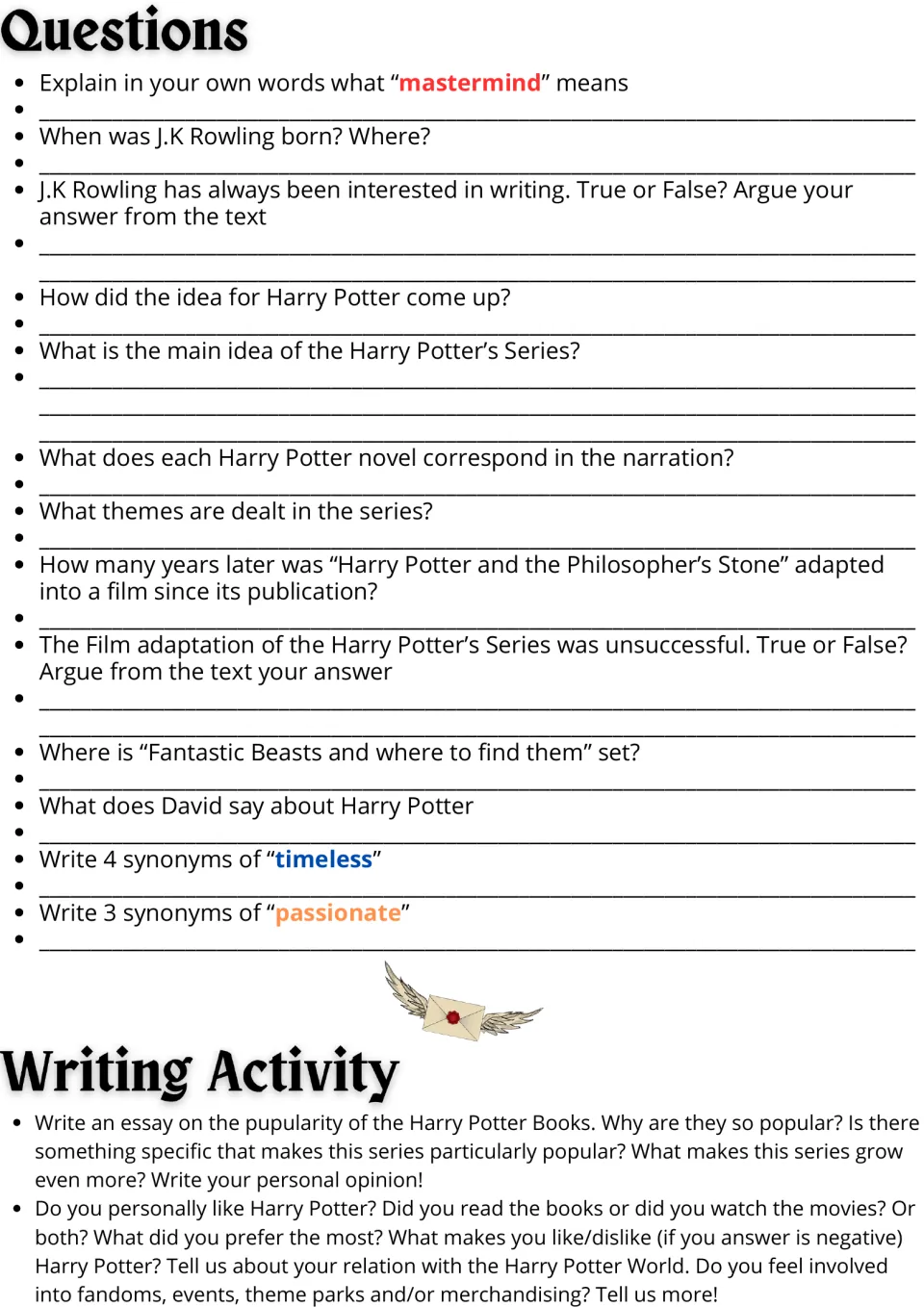 Questions: students answer 11 text questions, list synonyms for timeless and passionate, then write an opinion essay