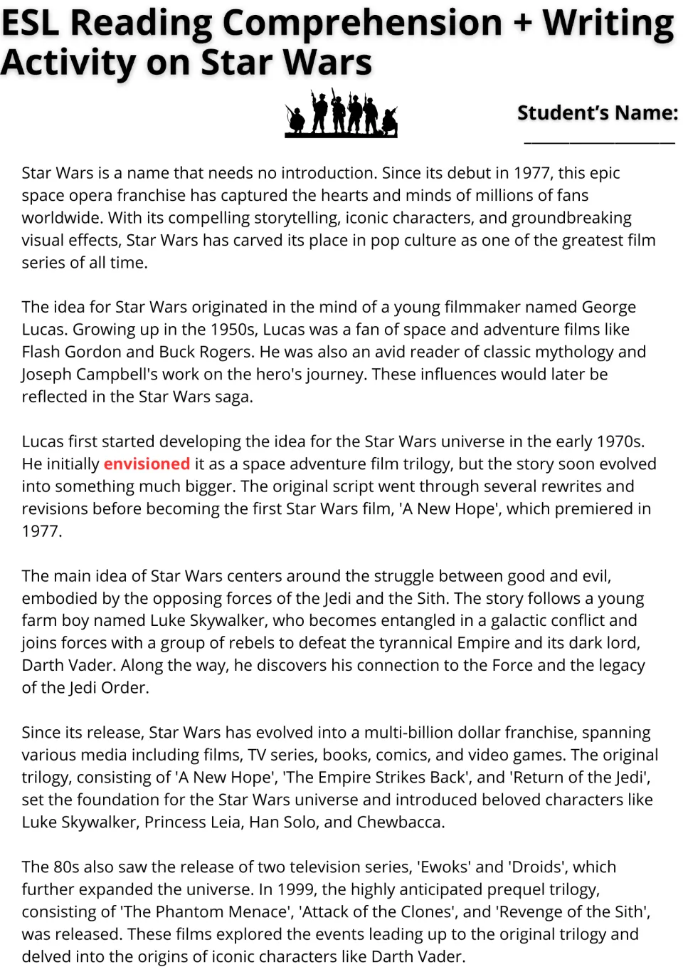 Star Wars history reading: students read about George Lucas, the original trilogy and the prequels, with envisioned in red