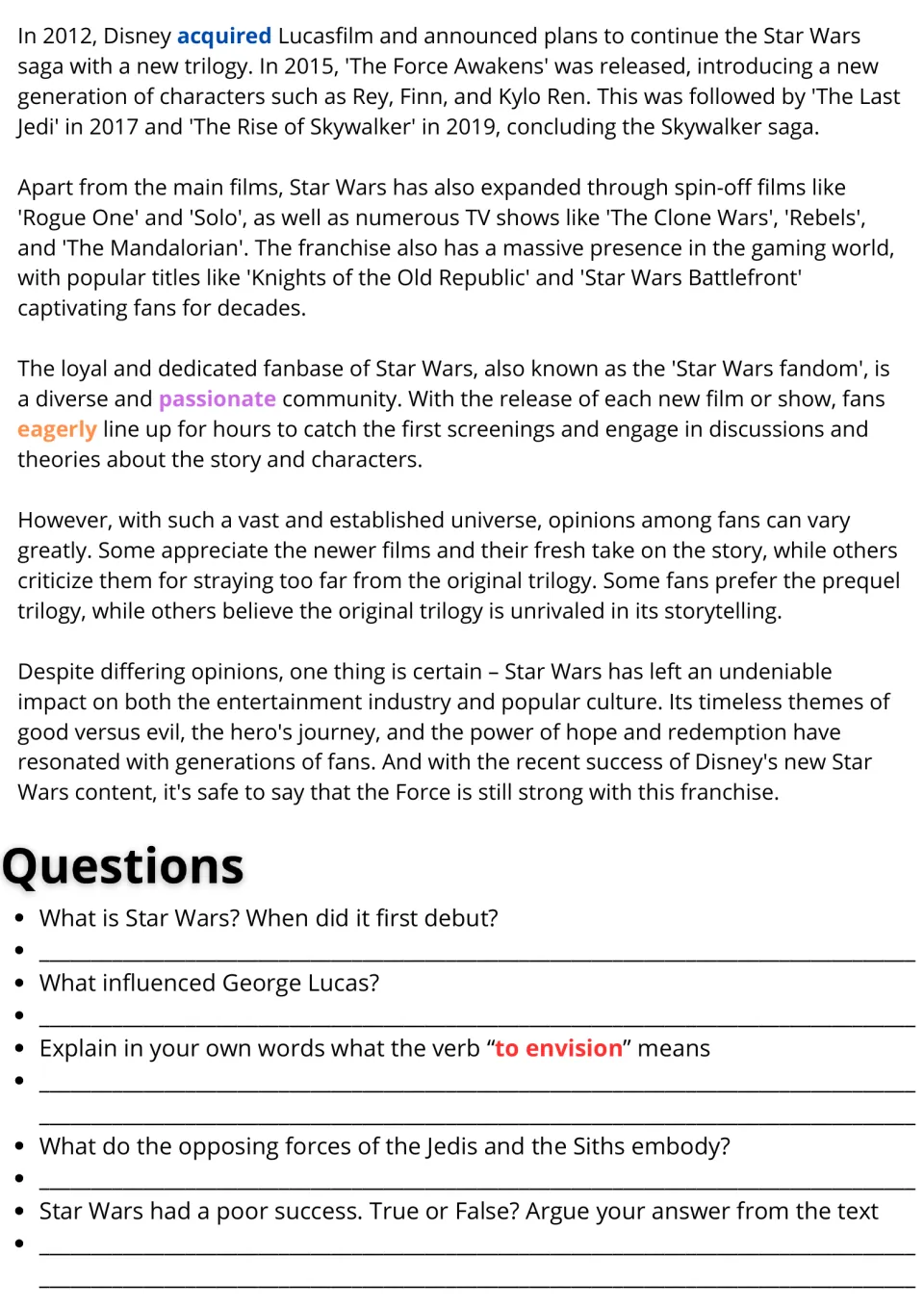 Star Wars reading continued on Disney sequels and fandom, then questions on Lucas, Jedi and Sith, and the verb to envision