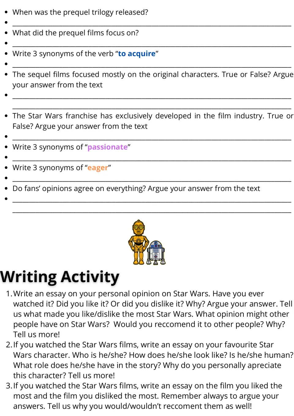 Star Wars comprehension and vocabulary: synonyms for acquire, passionate and eager, true-or-false items, and 3 essay prompts