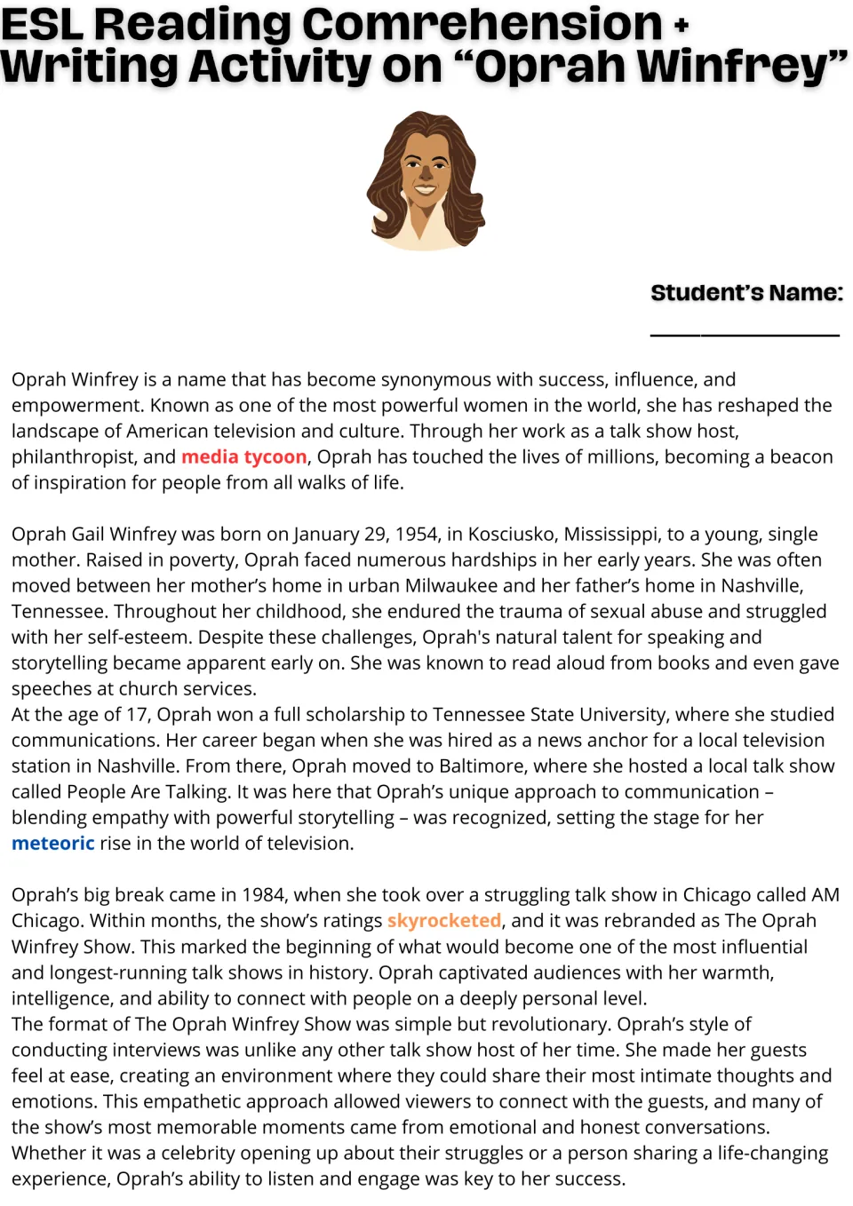 Oprah Winfrey reading passage, part 1: her childhood, scholarship and rise to TV, with key vocabulary highlighted