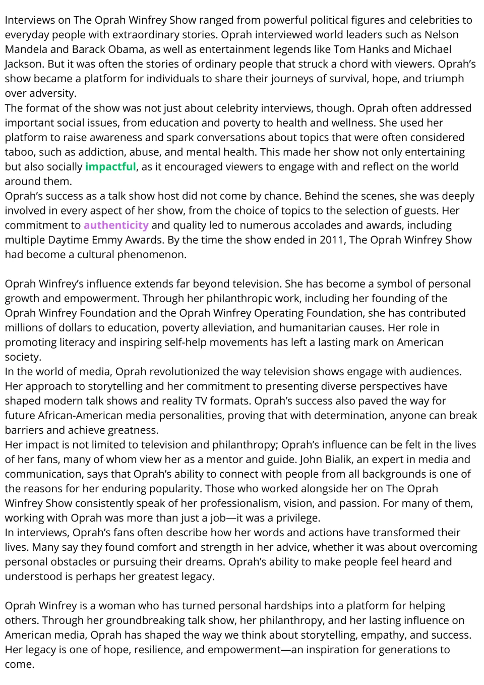 Oprah Winfrey passage, part 2: talk show guests, social issues, philanthropy and legacy; two vocabulary words in color