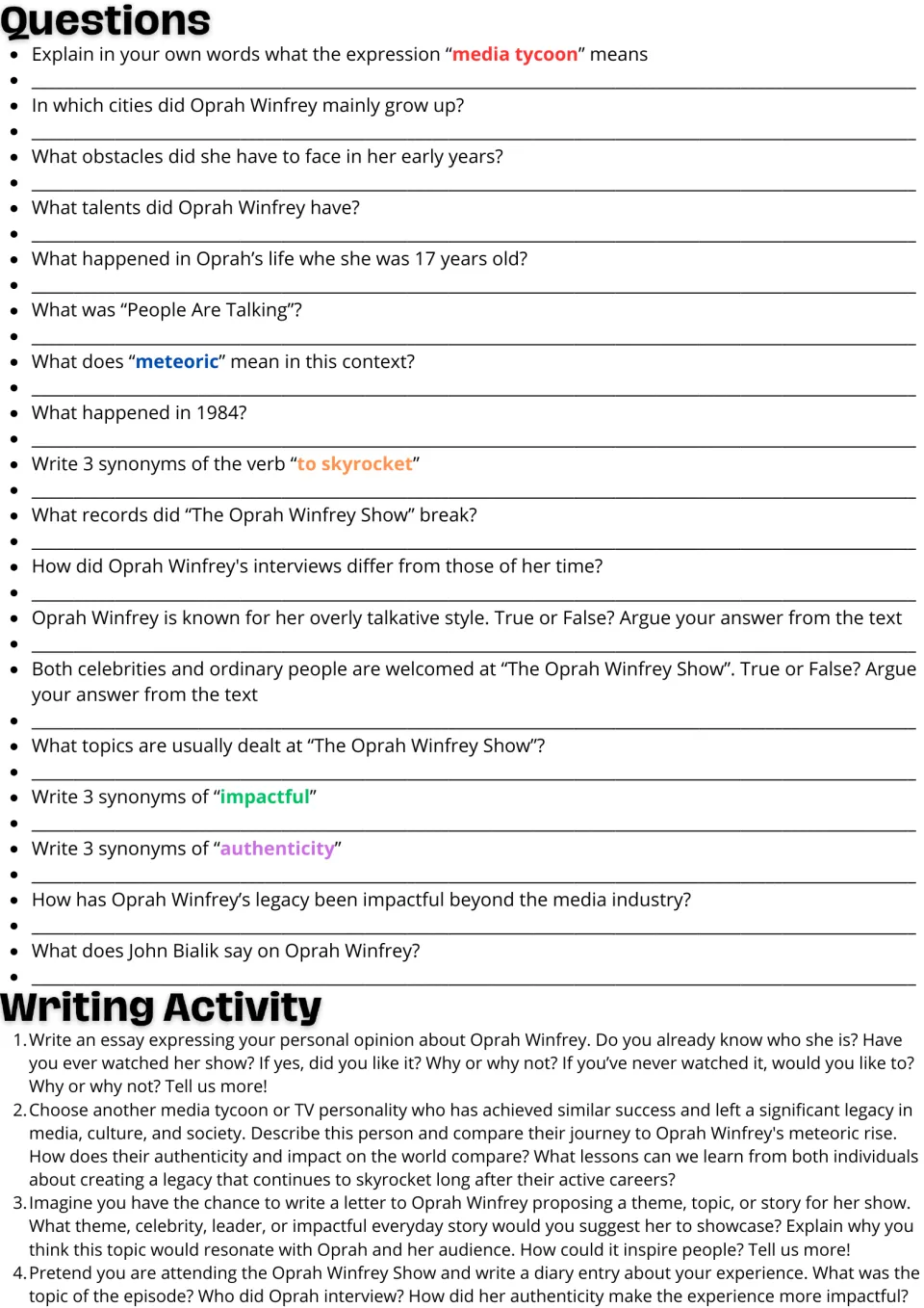 Oprah Winfrey questions: 18 comprehension and synonym items, then four writing prompts like an essay or diary entry