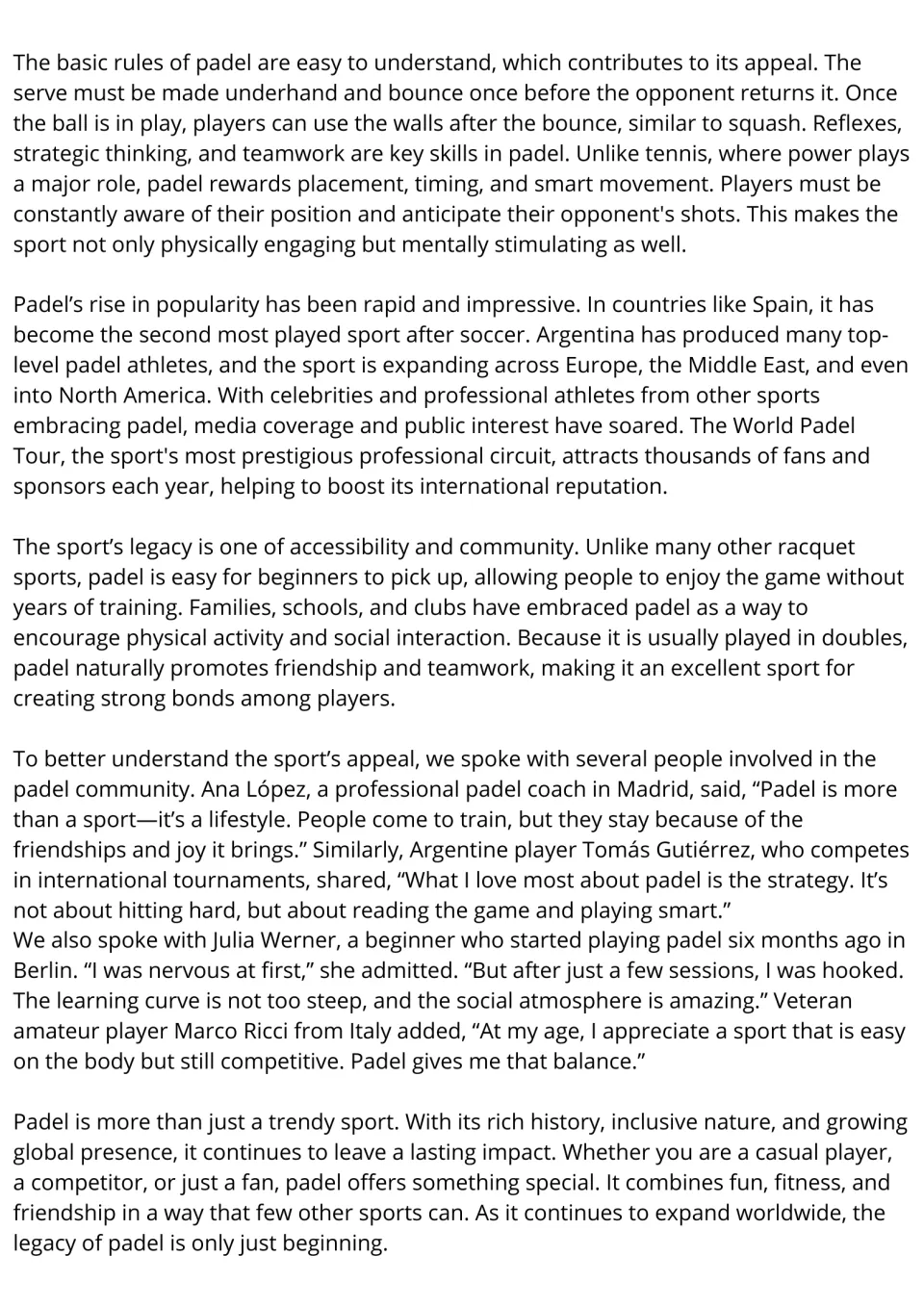 Padel reading passage, part 2: rules, worldwide popularity, community benefits, and player perspectives.