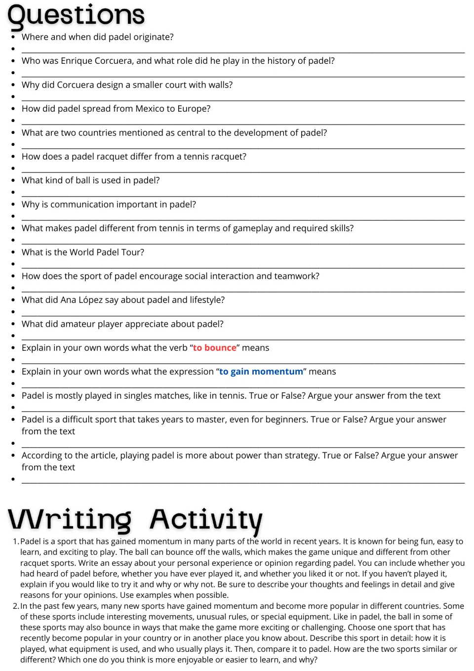 Padel follow-up activities: 18 comprehension and vocabulary questions plus two essay prompts about sports.
