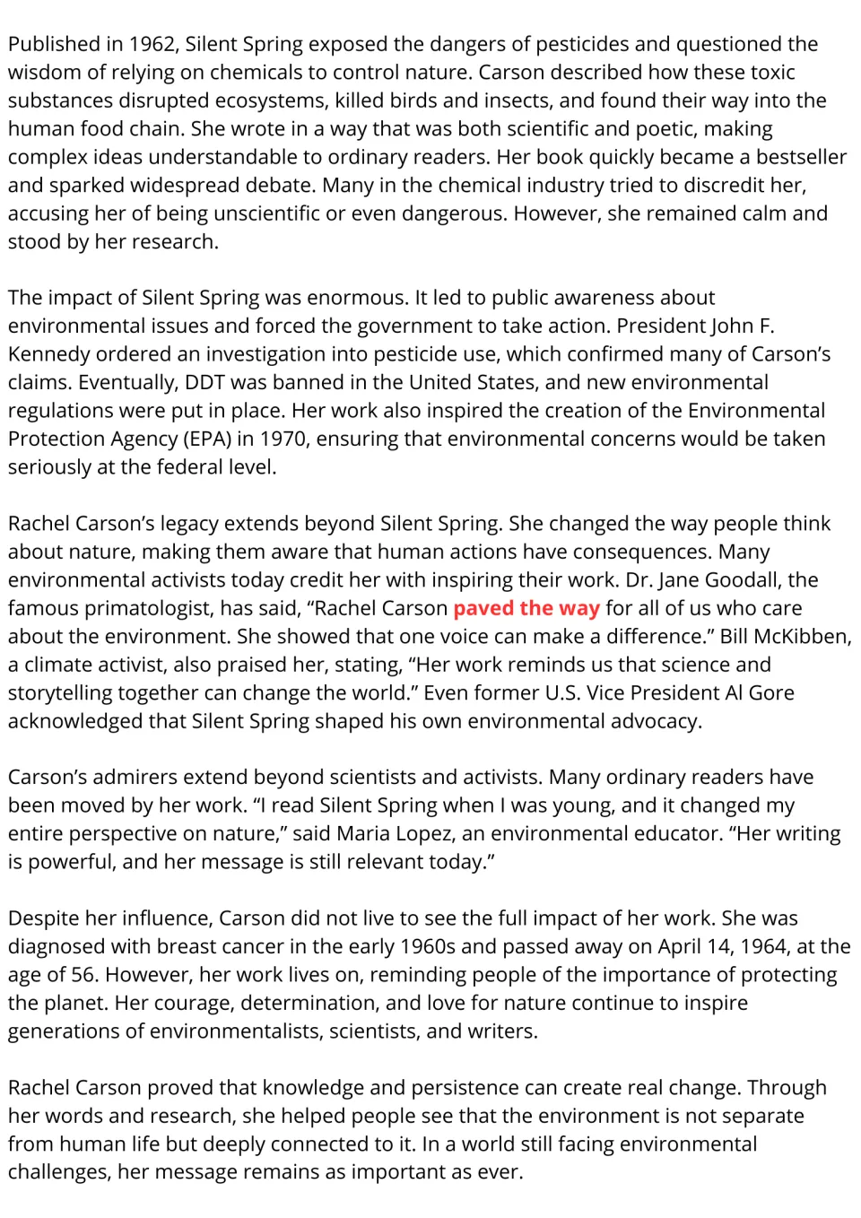 Rachel Carson passage, part 2: Silent Spring's 1962 impact, the DDT ban, the EPA, quotes from admirers and her 1964 death