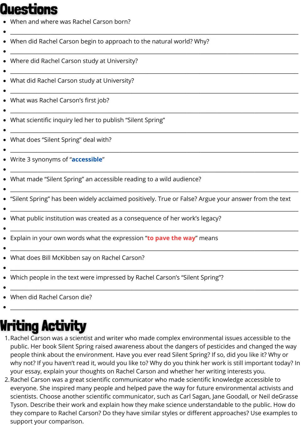 Rachel Carson questions: students answer 15 comprehension and vocabulary items, then pick one of two essay prompts