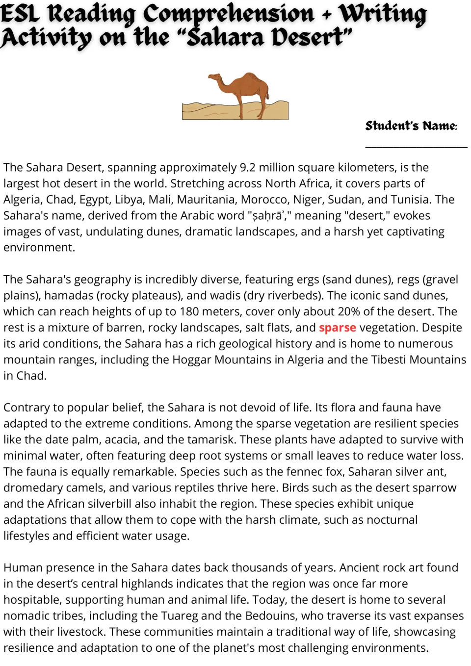 Sahara Desert reading passage, part 1: students read about its size, ergs, regs and wadis, wildlife and nomadic tribes