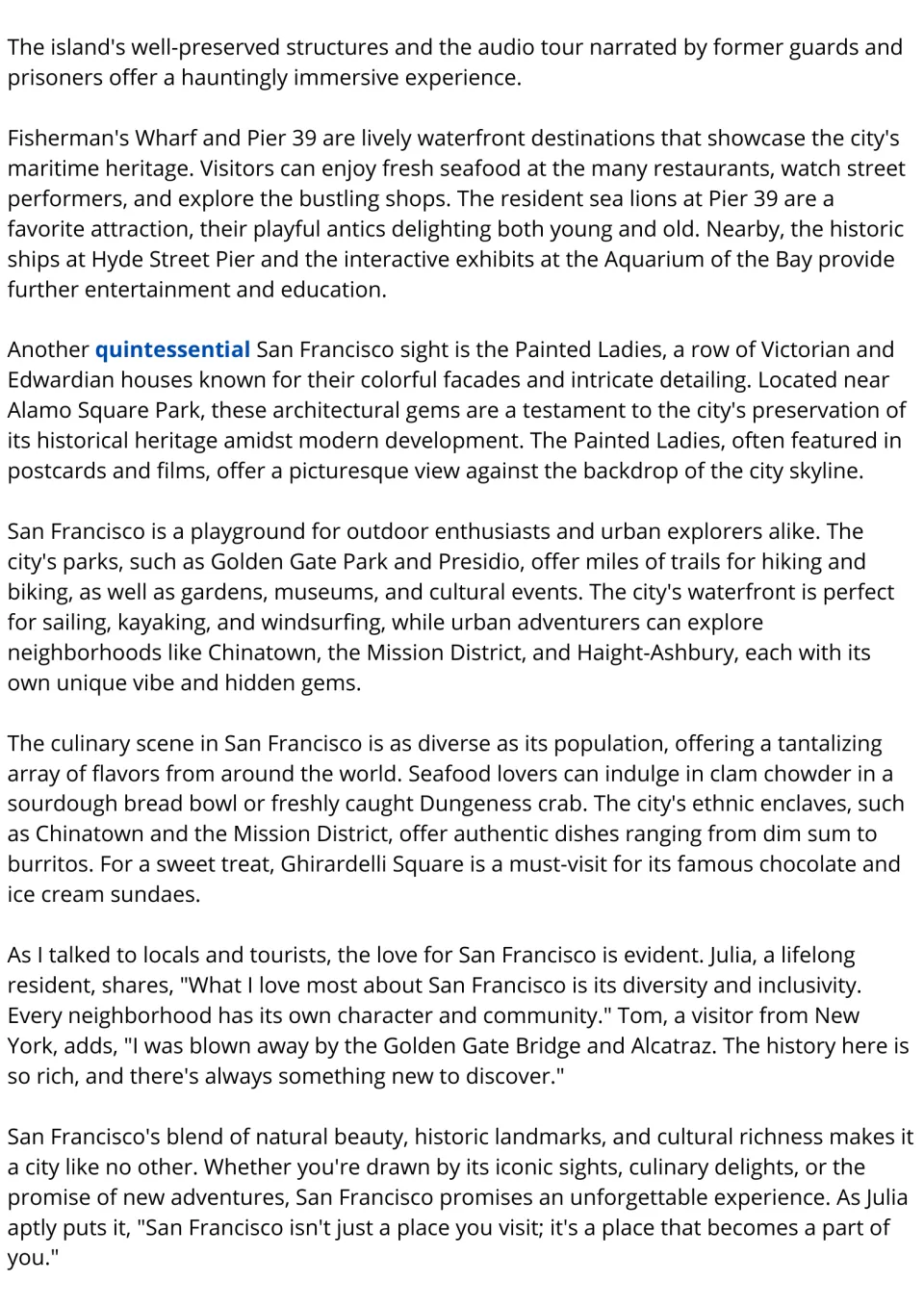 Reading passage, part 2: San Francisco's waterfront, Painted Ladies, outdoor activities, food, and quotes.