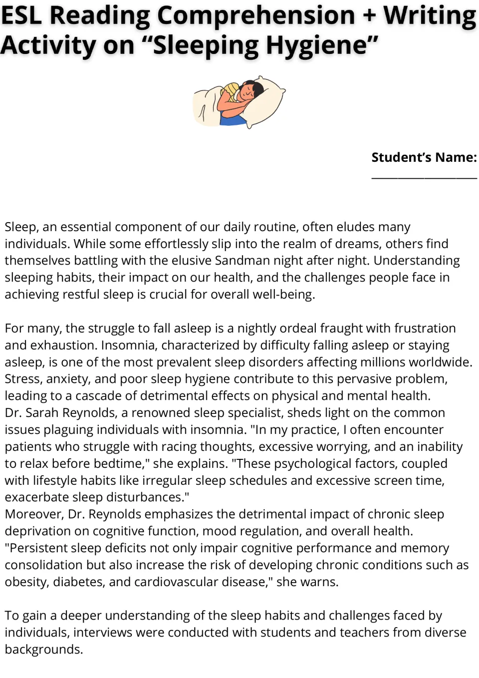 Sleep hygiene reading, part 1: insomnia, causes of sleep difficulties, and Dr. Reynolds's comments on health.