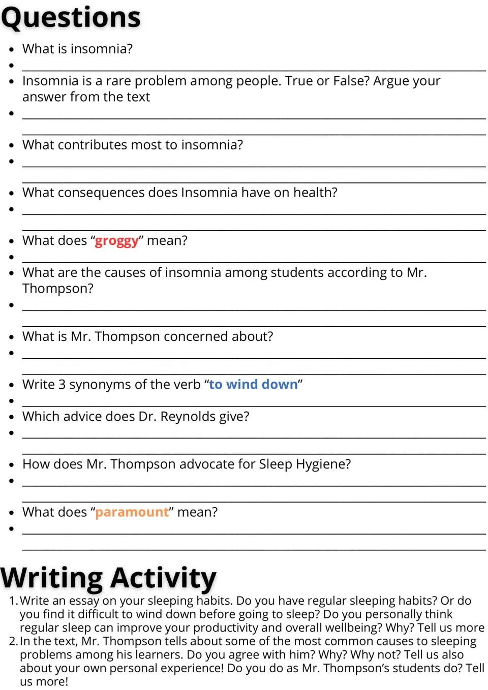 Sleep hygiene follow-up: 11 comprehension and vocabulary questions and two essay prompts about sleeping habits.