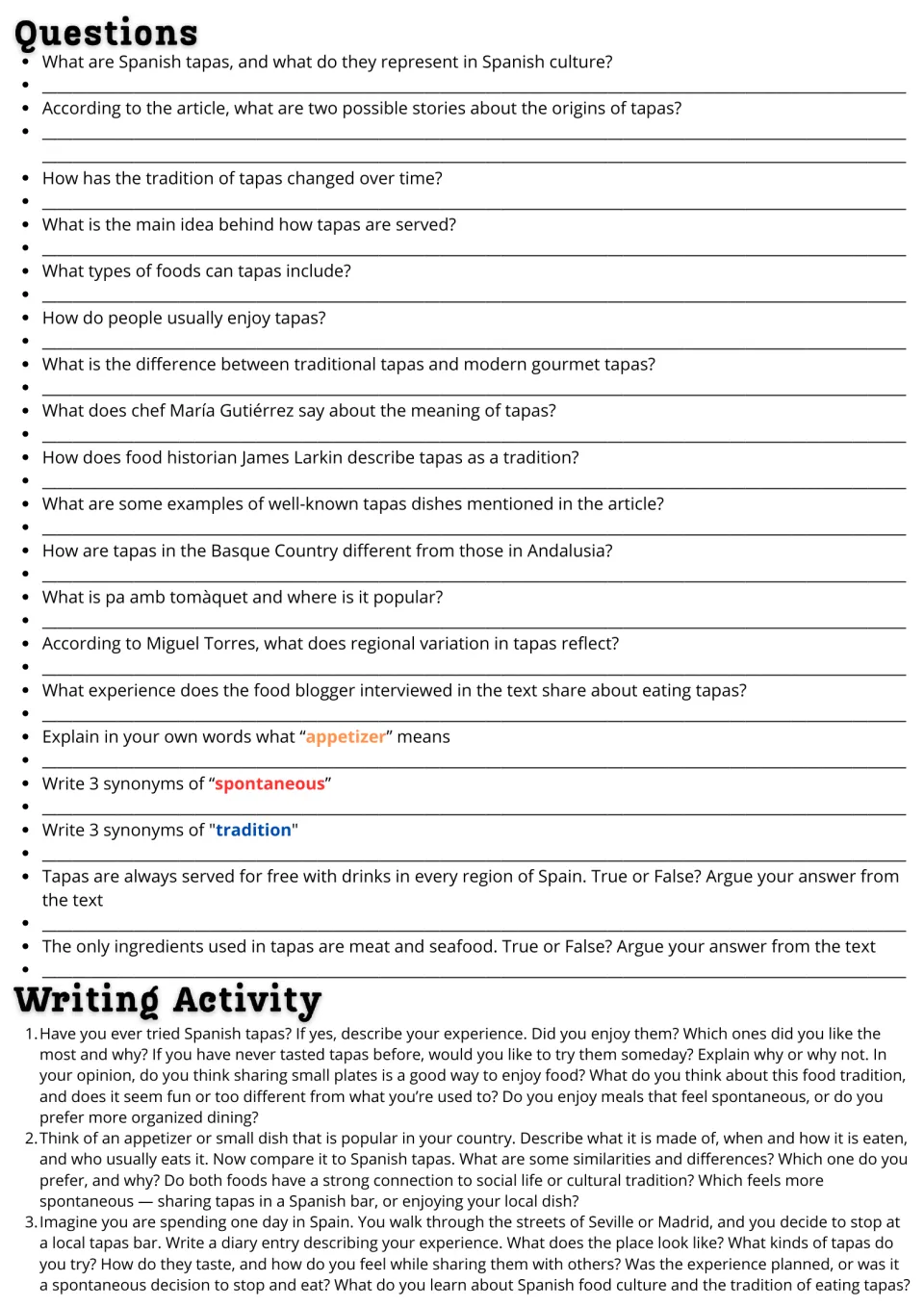 Spanish tapas follow-up: 19 comprehension and vocabulary questions plus three creative writing prompts.