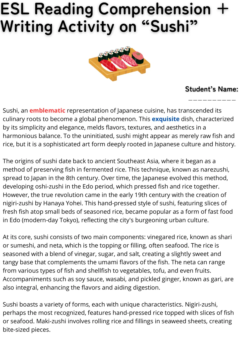 Sushi reading passage, part 1: students read about sushi's origins in fermented rice, Hanaya Yohei, shari and neta