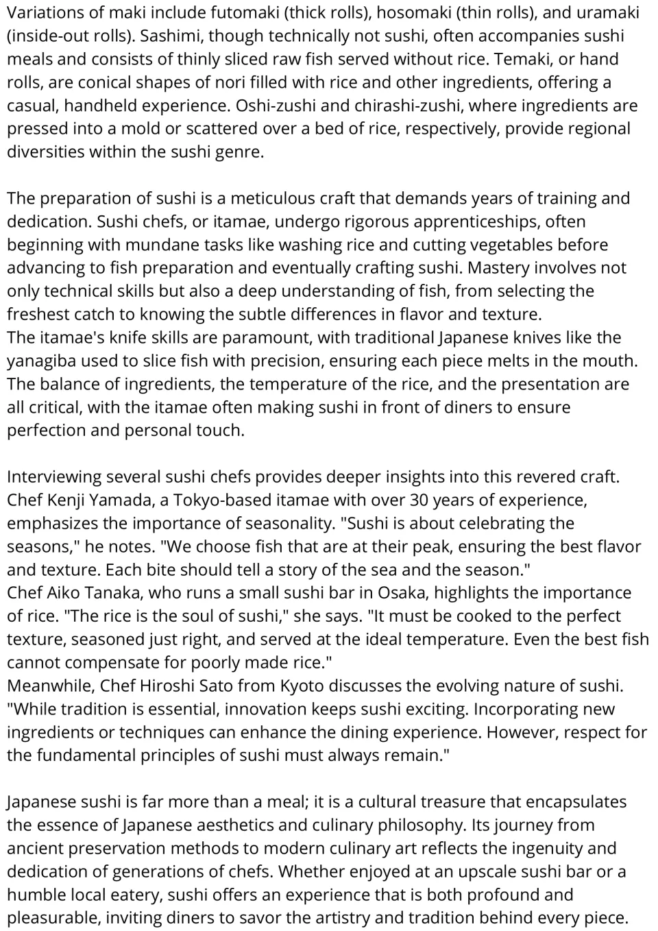 Sushi reading passage, part 2: students read about maki types, sashimi, itamae training and three chefs' interviews