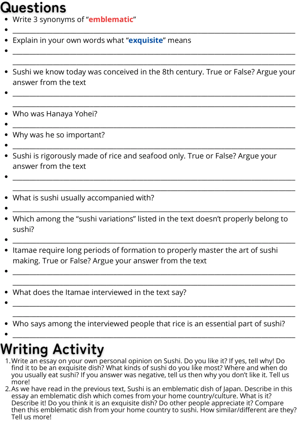 Sushi questions: students answer vocabulary and true-or-false items from the text, then write two opinion essays