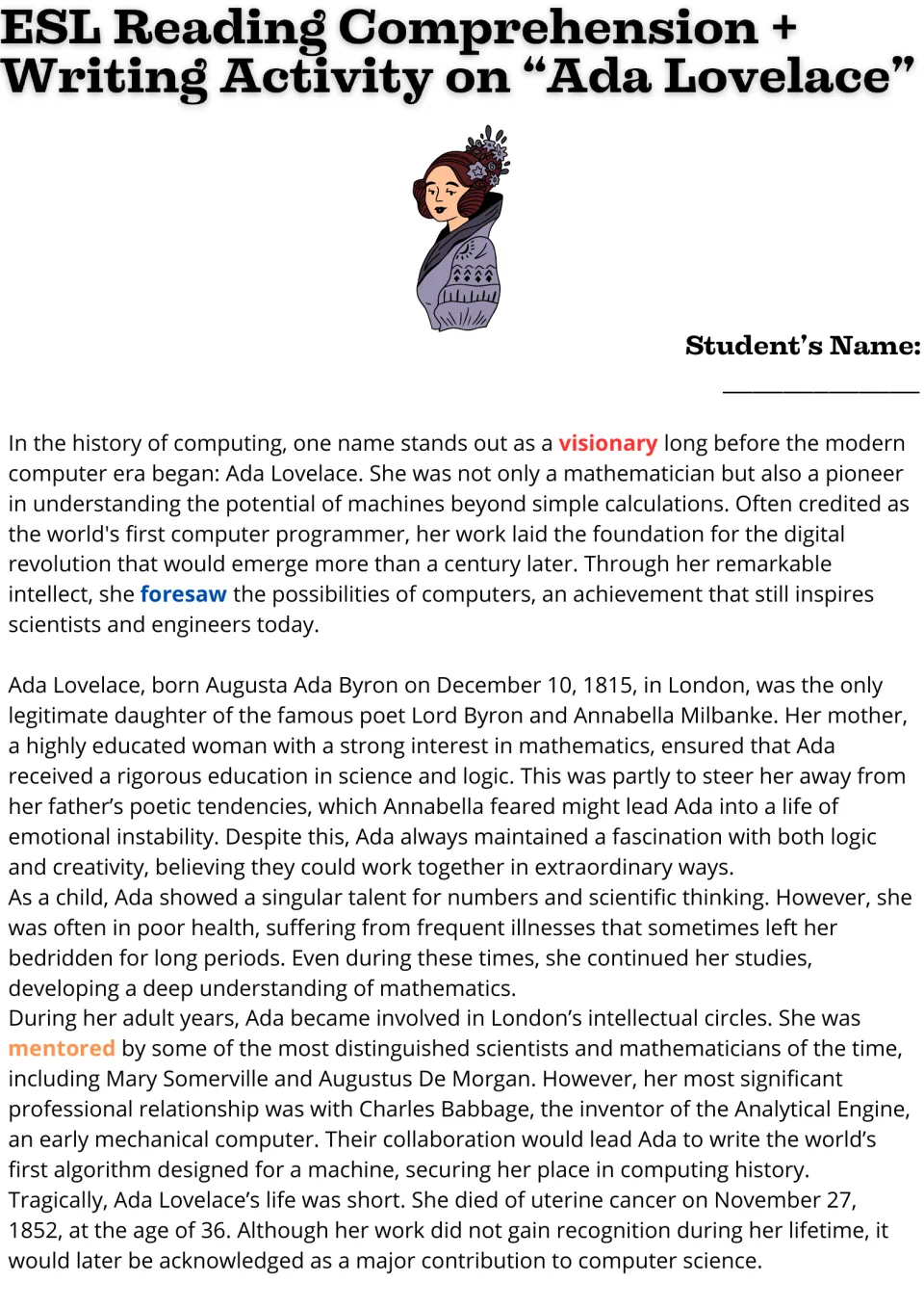 Ada Lovelace reading, part 1: students read about her 1815 birth, education, illness and work with Charles Babbage