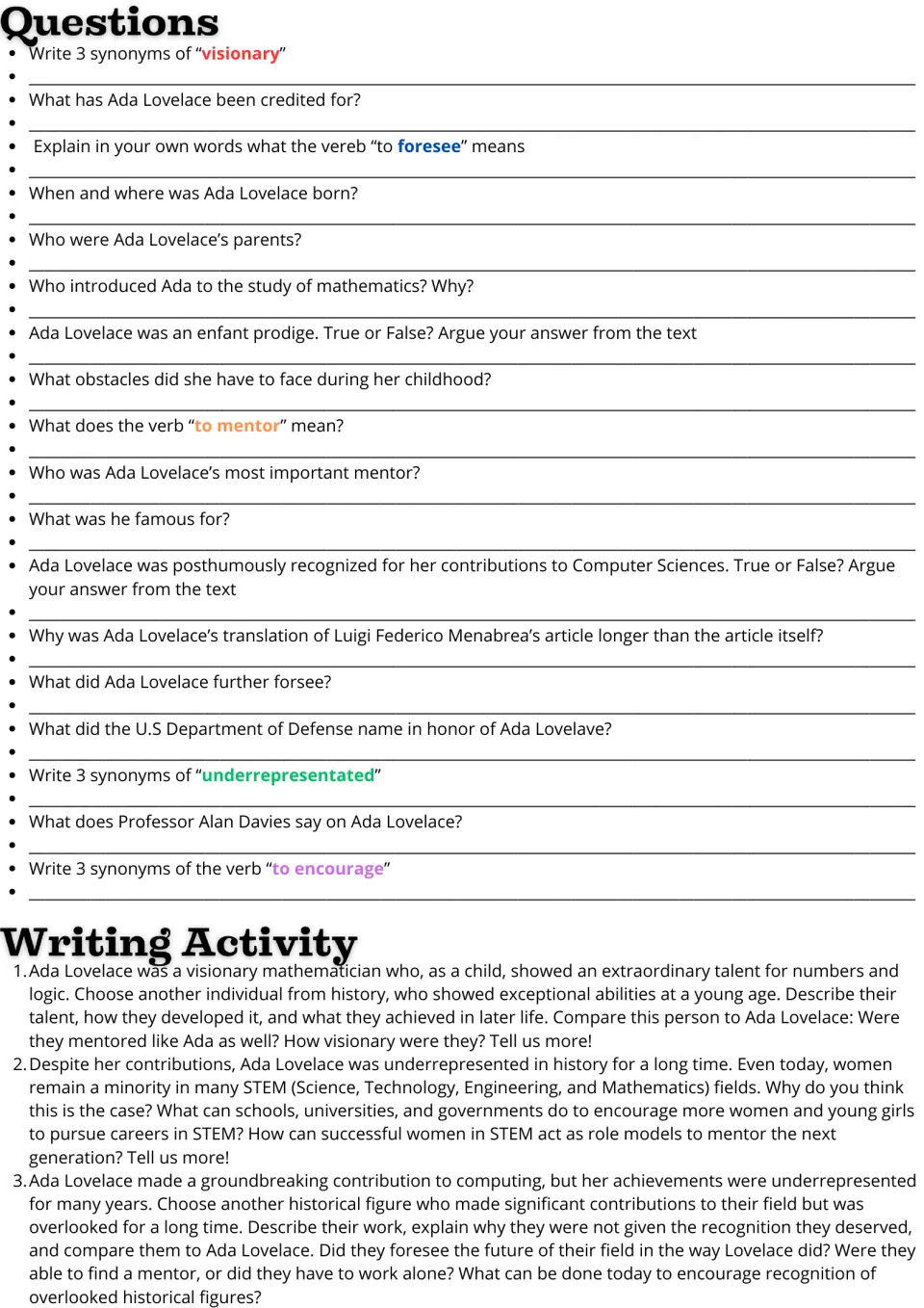 Ada Lovelace questions: students answer 18 comprehension and synonym items, then write on one of 3 essay prompts