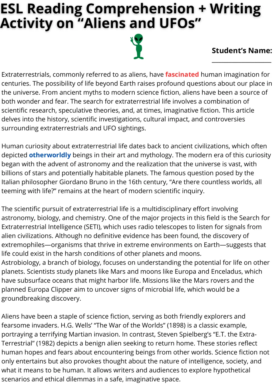 Aliens and UFOs reading passage: article on SETI, extremophiles, astrobiology and sci-fi aliens, with key words highlighted