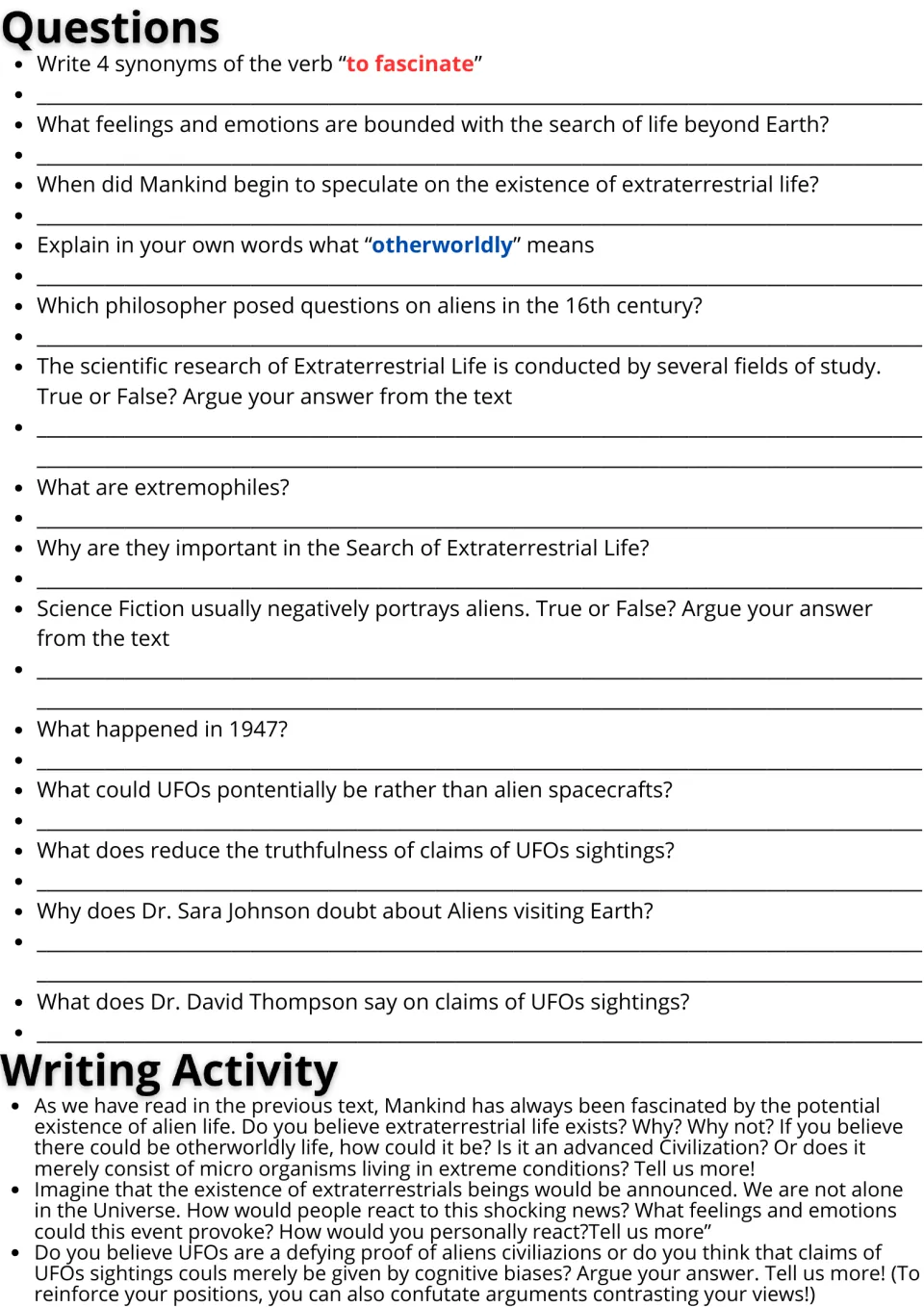 Aliens and UFOs questions: students answer 14 comprehension and vocabulary items, then write opinion responses to 3 prompts