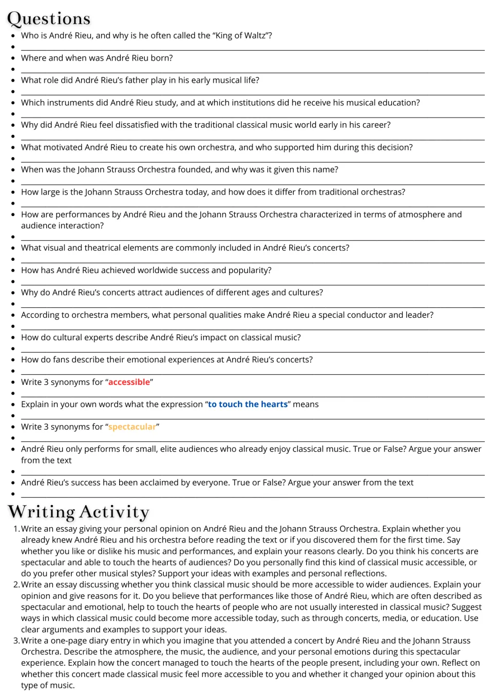 Rieu questions: students answer 20 items incl. synonyms and true/false, then pick 1 of 3 essay or diary prompts
