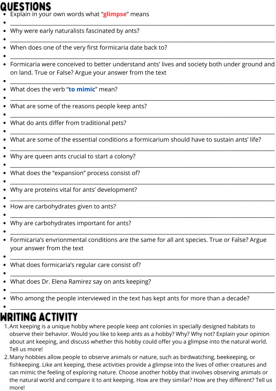 Ant keeping follow-up: 17 comprehension questions and two writing prompts on ant keeping and nature hobbies.