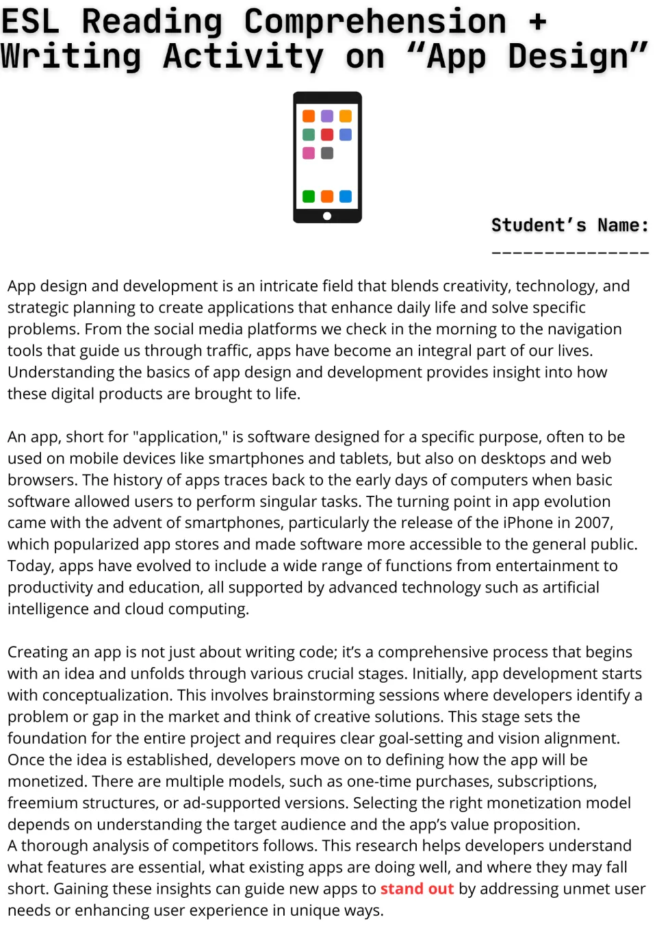 App Design reading passage, part 1: students read about what apps are, the 2007 iPhone, brainstorming and monetization