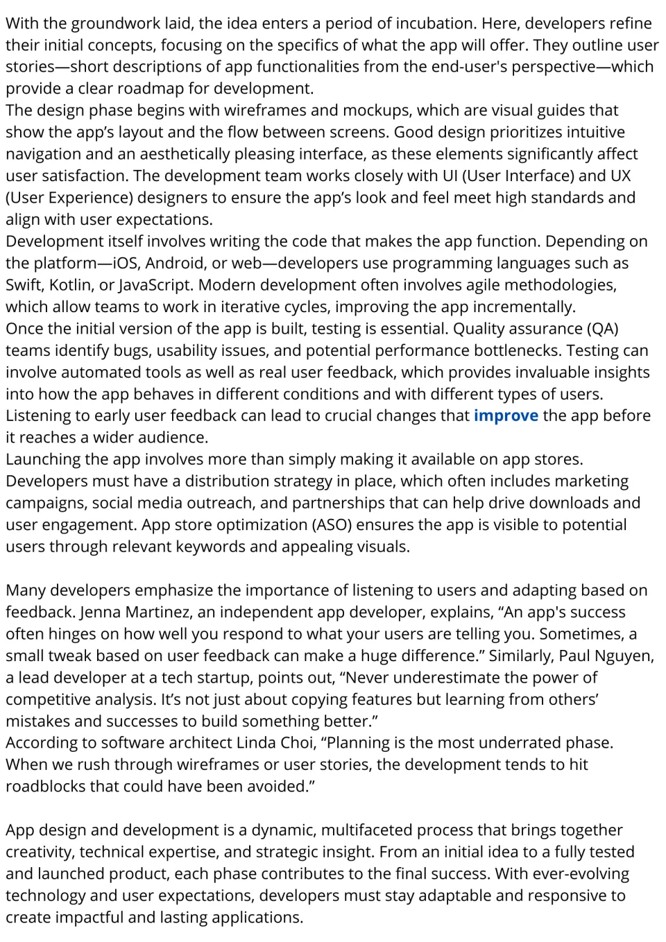 App Design passage, part 2: students read about wireframes, coding, QA testing, launch and quotes from three developers