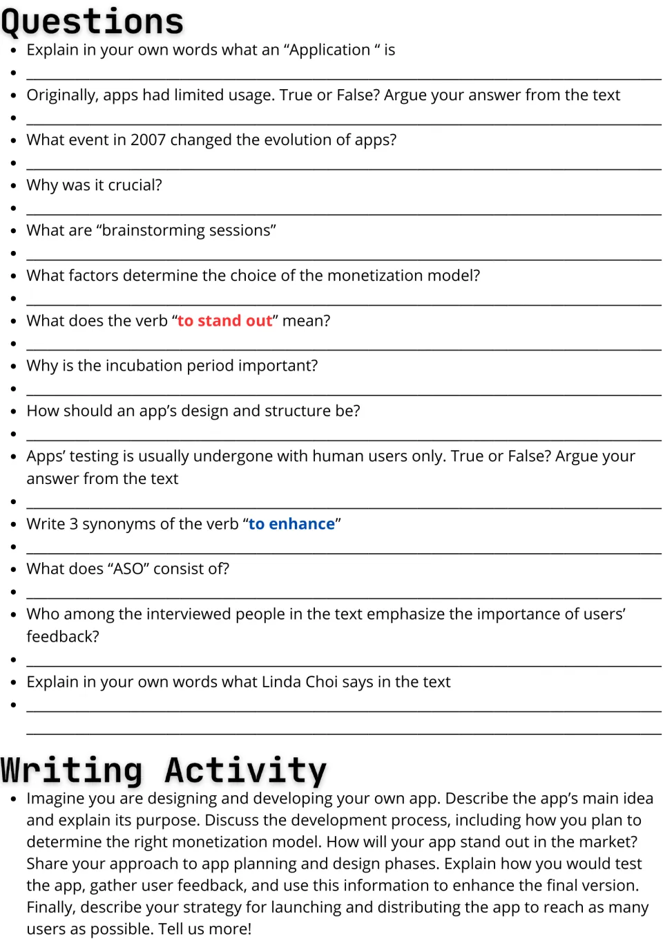 Comprehension questions on the app text: 14 items with true/false and vocabulary, then a prompt to describe your own app