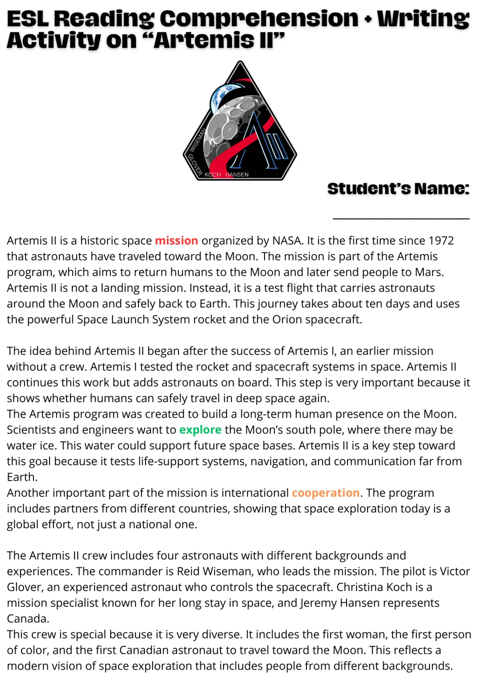 Artemis II reading passage: students read about NASA's Moon test flight, Artemis I, the south pole and the four-person crew
