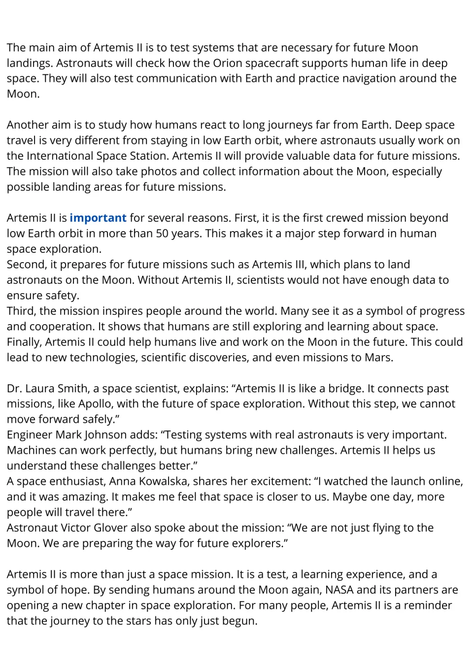 Passage continued: mission aims, reasons Artemis II matters, and quotes from a scientist, an engineer and an astronaut