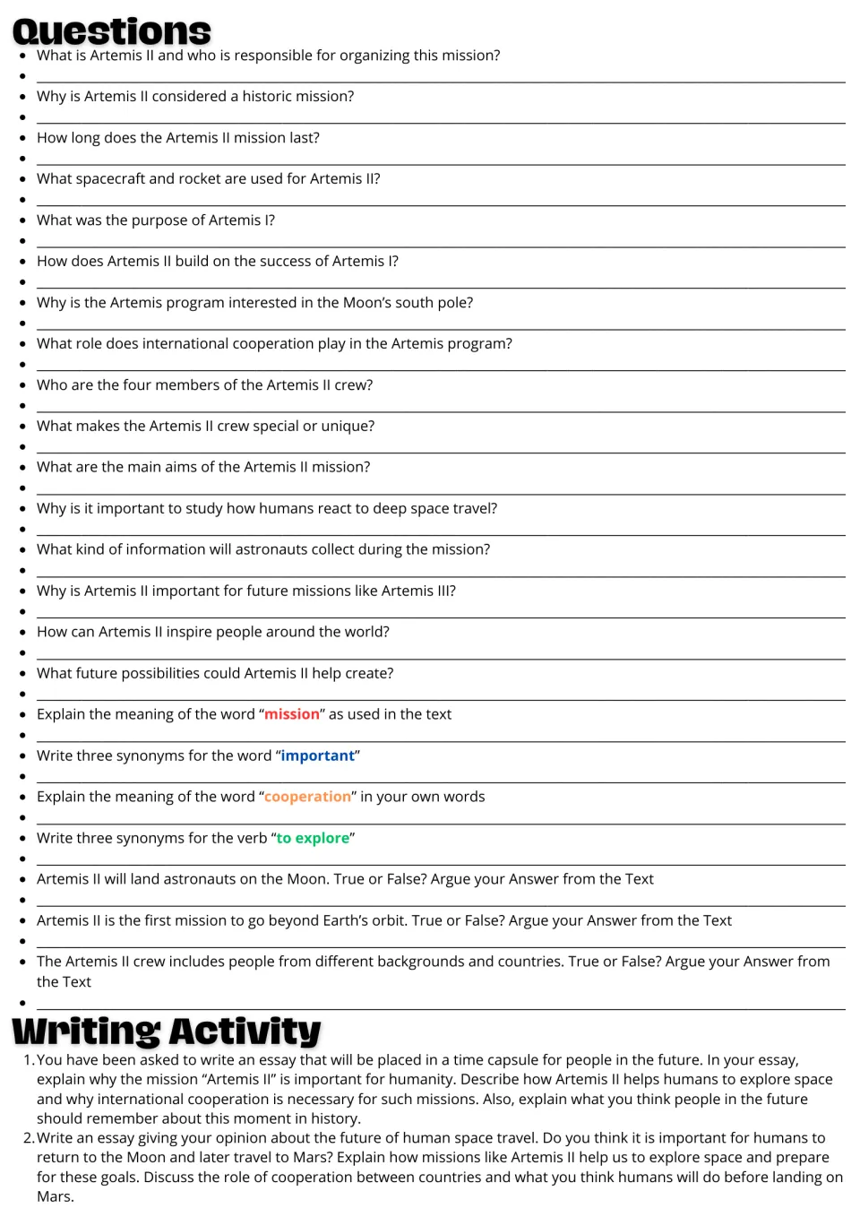 Comprehension: students answer 16 text questions, give synonyms and meanings, judge 3 true/false items, write an essay