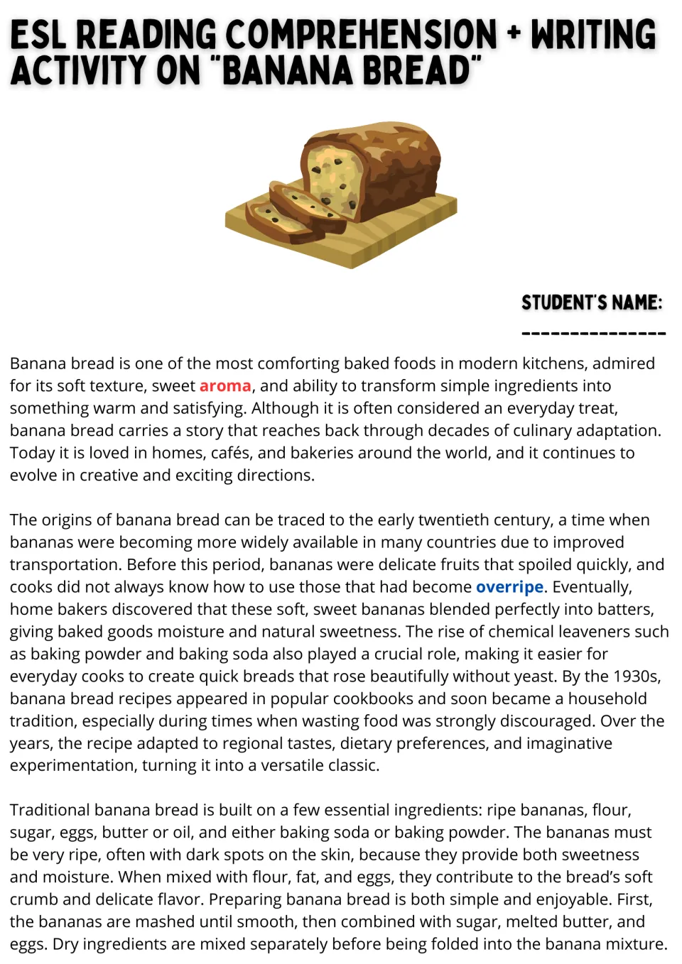 Banana bread reading passage, part 1: students read about its origins, ripe-banana ingredients and first mixing steps