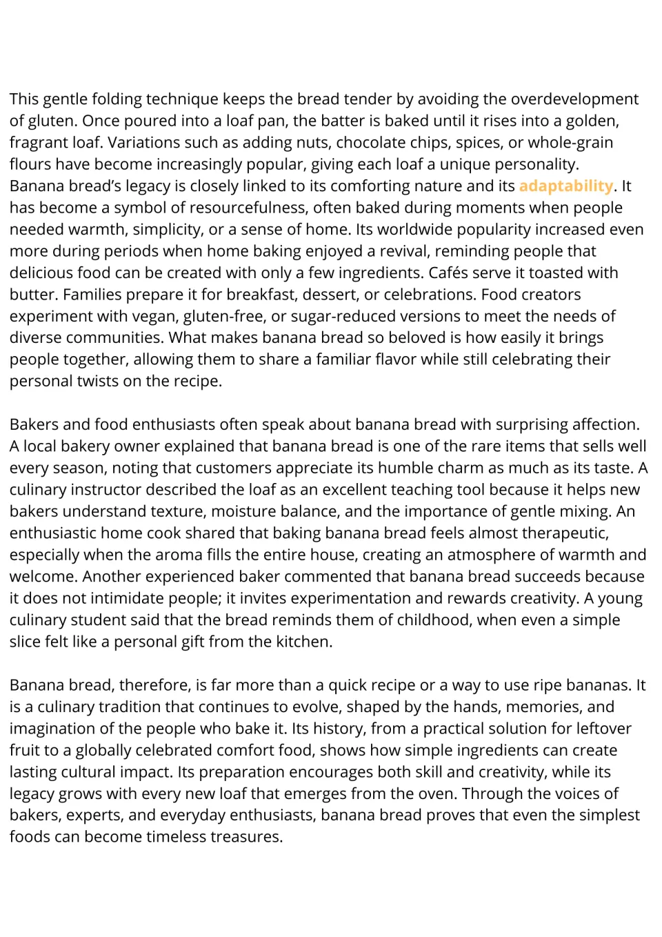 Banana bread reading passage, part 2: students read about baking, variations, its legacy and bakers' comments
