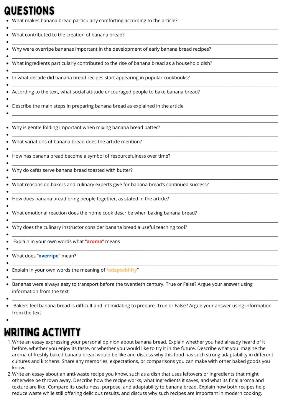 Banana bread questions: 20 comprehension, vocabulary and true-or-false items, then two opinion and anti-waste recipe essays