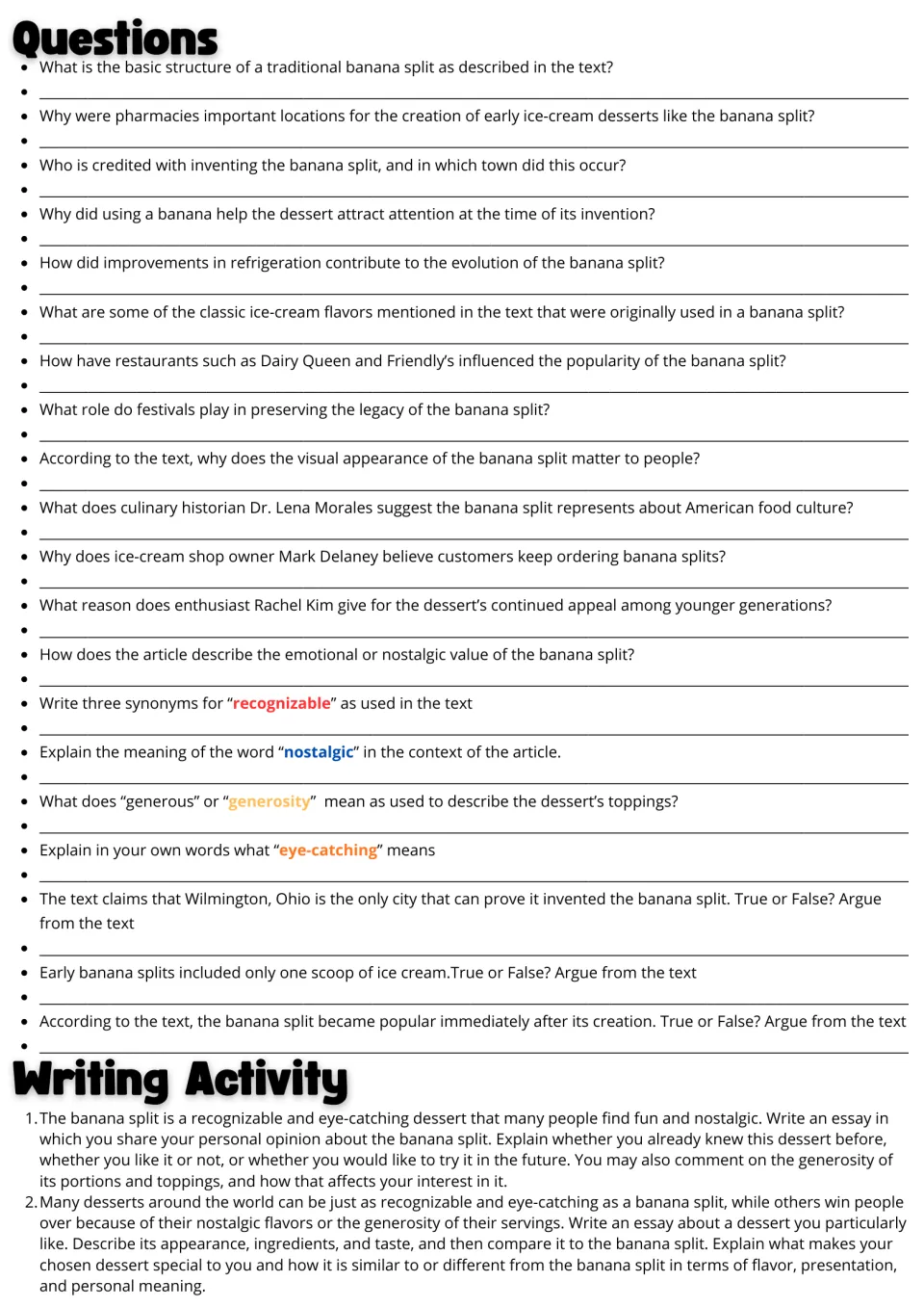 Banana split reading follow-up: 20 comprehension and vocabulary questions plus two dessert essay prompts.