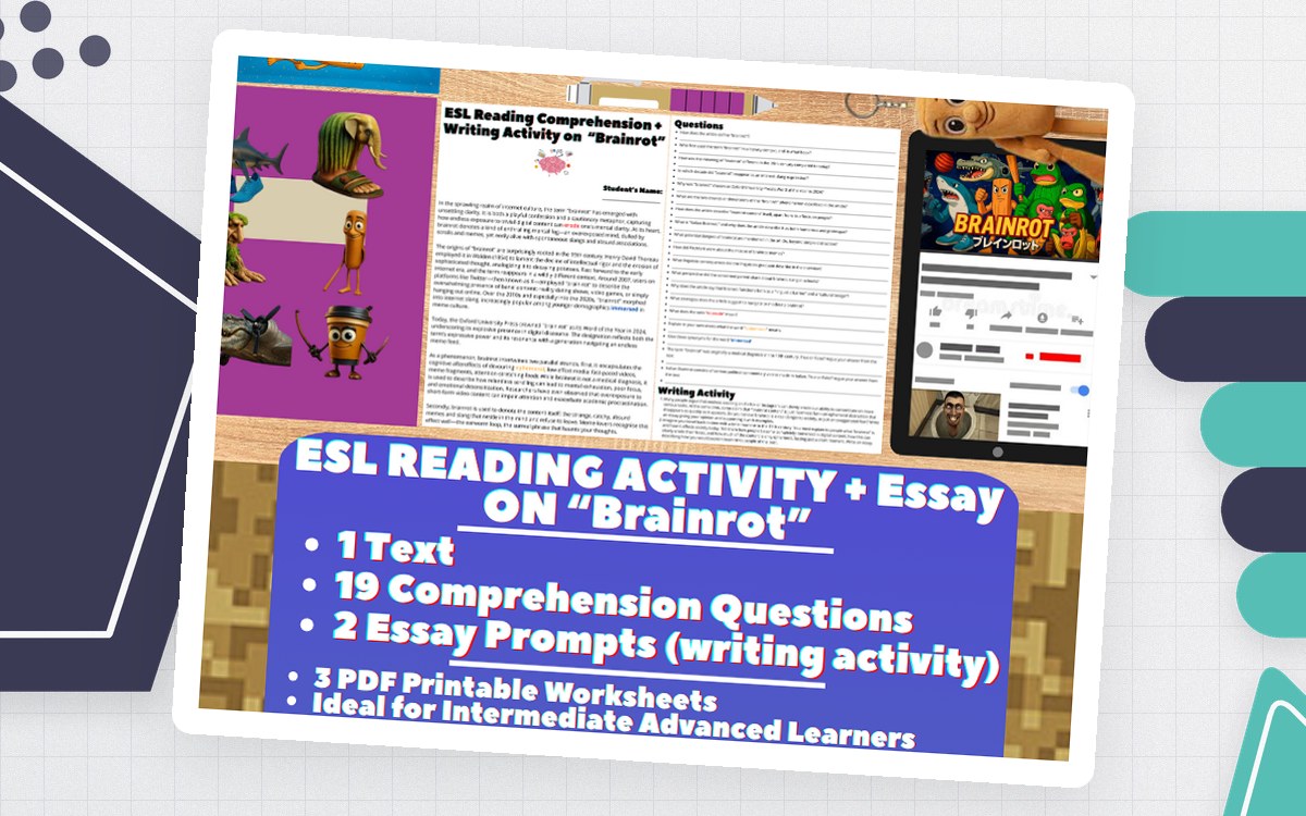 Brainrot ESL activity cover with reading preview, 19 comprehension questions, and two essays.