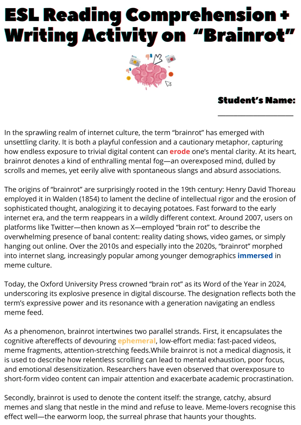 Brainrot article, part 1: students read about the term's origins from Thoreau's Walden to Oxford's 2024 Word of the Year